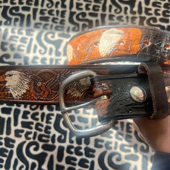 Leather Belt, Vintage belt, Eagles, Painted Embossed, Hand Tooled 70s 80s - Picture 1 of 9